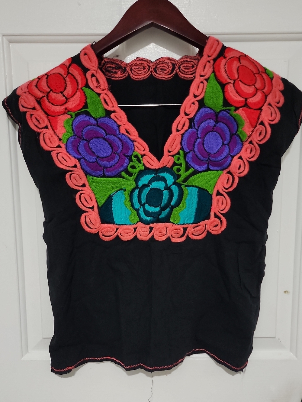 Embroidered Floral V-Neck Women’s Top - Black with Coral & Multicolor Flowers